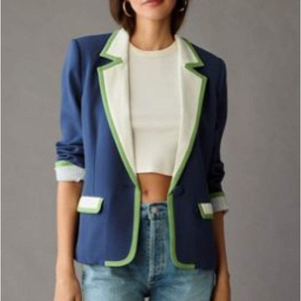 Anthropologie by Maeve Navy and Cream Blazer with Green Accents